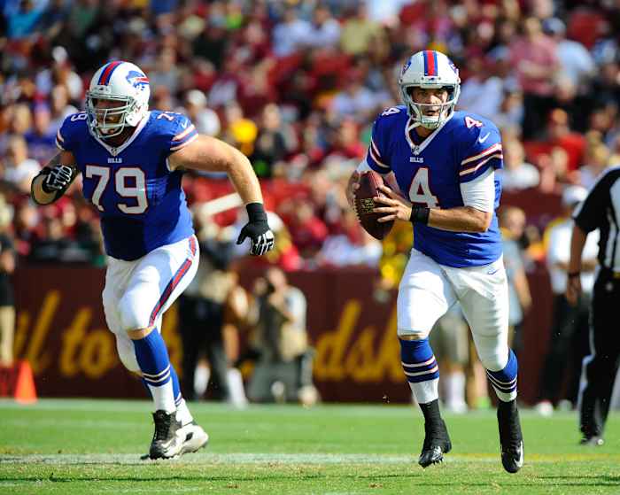 Aug 24, 2013; Landover, MD, USA; Buffalo Bills quarterback Kevin Kolb (4) rolls out during the first half against the Washington Redskins at FedEX Field. Mandatory Credit: Brad Mills-USA TODAY Sports